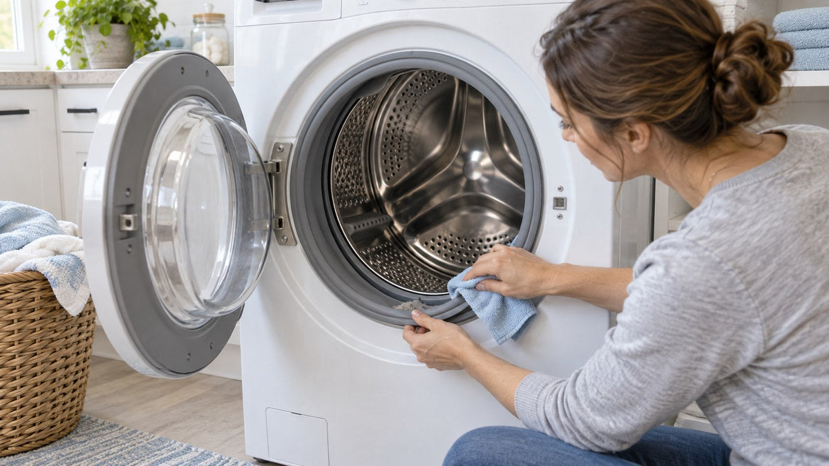 A person gently wiping the lower rubber gasket of an open front-load washing machine with a soft cloth