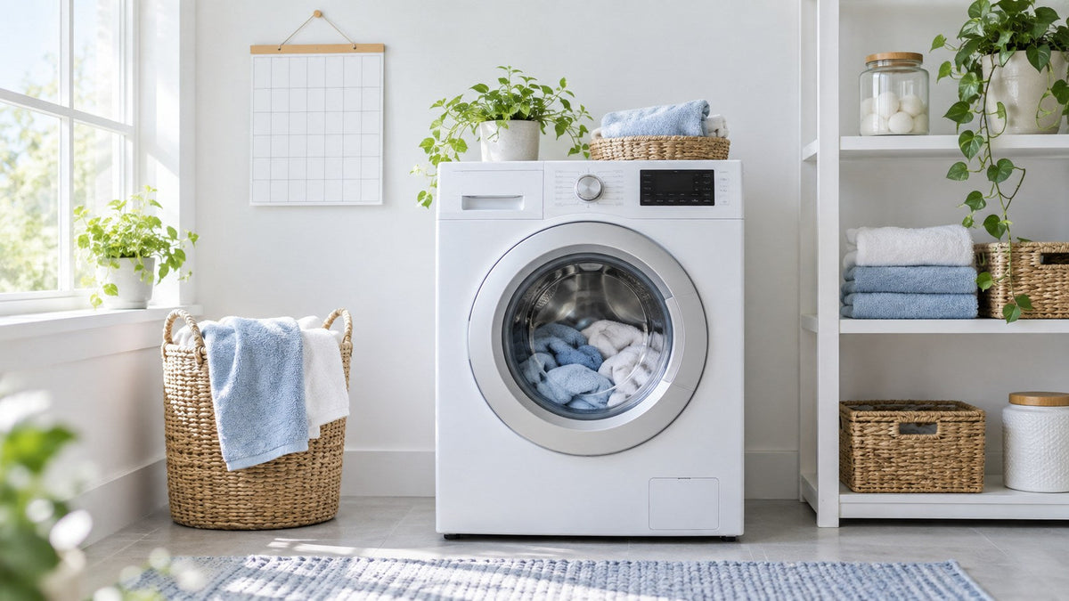 A monthly calendar beside a clean front-load washing machine in a bright laundry room