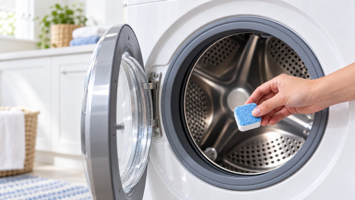 A hand placing a blue and white washer cleaner tablet into an empty front-load washing machine