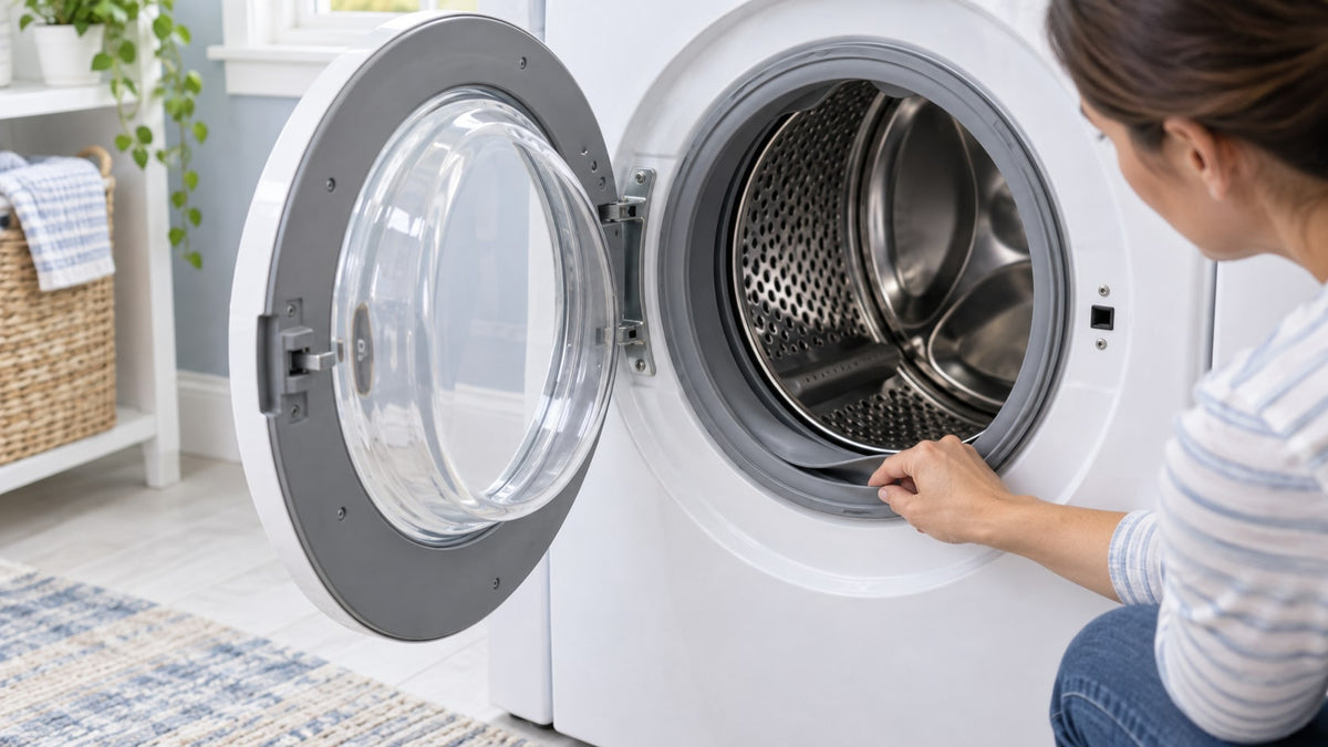 An open front-load washing machine with a clean drum and a person checking the door gasket