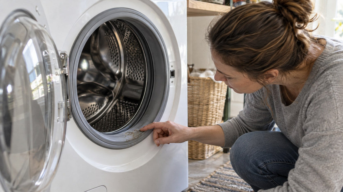 A homeowner inspecting a small brown smudge on a front-load washer door gasket