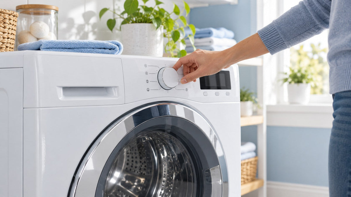 A hand selecting a maintenance program on a white front-load washing machine