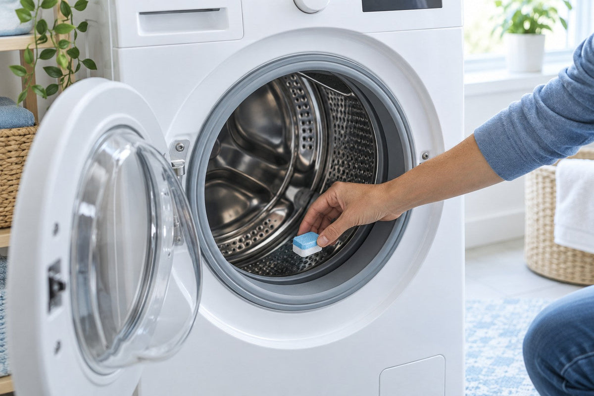 A hand placing a blue and white washer cleaner tablet into an empty front-load washing machine drum