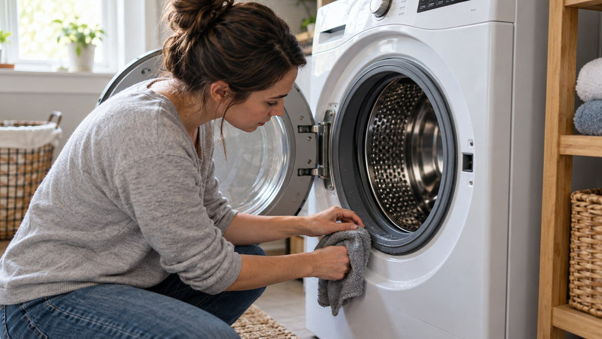 A person checking the gasket of an open front-load washer after a cleaning cycle